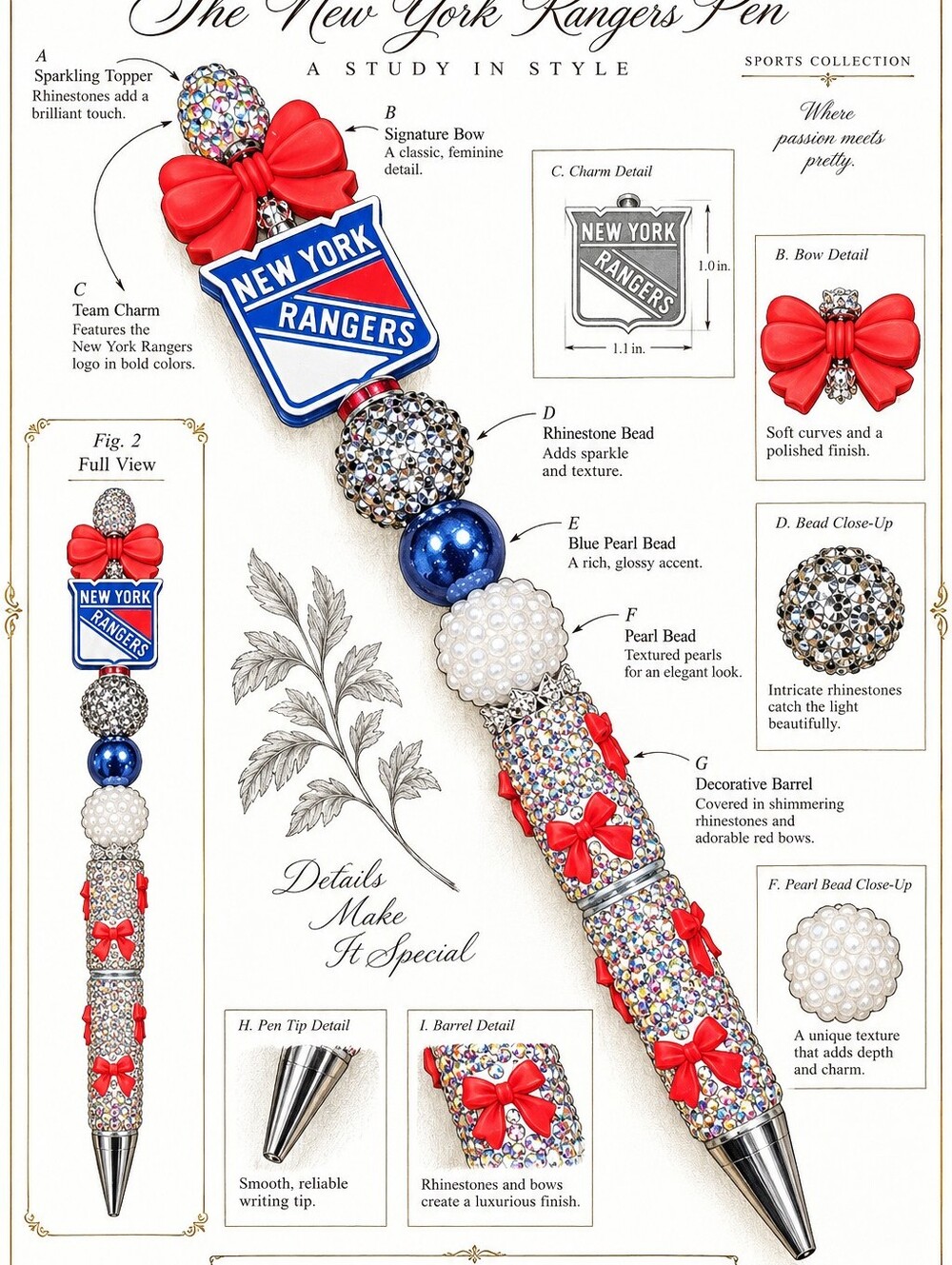 New York Rangers Rhinestone Beaded Pen ❤️💙🏒 - Picture 3 of 3